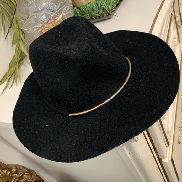 Accessories - Boho Black Felt Wool Floppy Hat Gold Metal Hatband Accent Festival